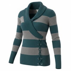 Vintage Guess Teal & Grey Striped Shawl Collar Cardigan Lace Up Side Small